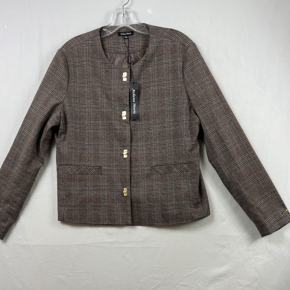 Athena Marie Plaid Blazer Women 12 Brown Gold Turn Lock Collarless Jacket NEW